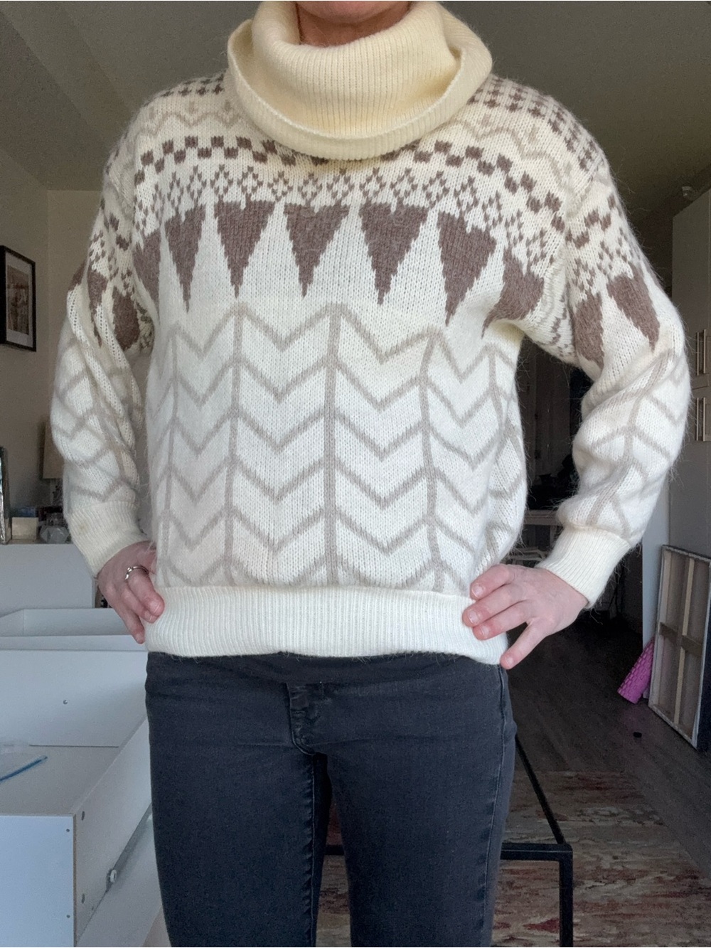 Vintage 80s Universal Knits Fuzzy Cowl Neck Nordic Sweater Made in Canada M